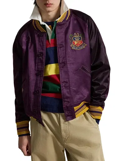 Polo Ralph Lauren Men's Embroidered Satin Bomber Jacket - Burgundy Rose Purple | Thumbnail 1 Polo Ralph Lauren Men's Embroidered Satin Bomber Jacket - Burgundy Rose Purple | Thumbnail 1