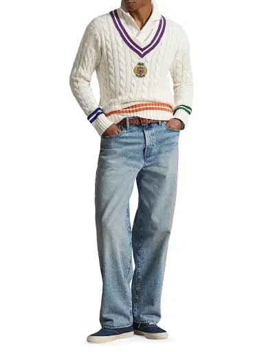 Polo Ralph Lauren Men's Cable-Knit V-Neck Sweater - Cream Combo - Size Medium | Thumbnail 2