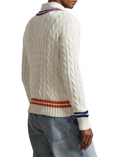 Polo Ralph Lauren Men's Cable-Knit V-Neck Sweater - Cream Combo - Size Medium | Thumbnail 4