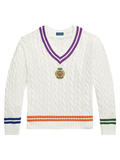 Polo Ralph Lauren Men's Cable-Knit V-Neck Sweater - Cream Combo - Size Medium | Thumbnail 1