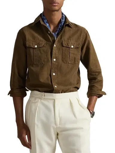 Polo Ralph Lauren Men's Linen-Silk Canvas Utility Shirt - Chestnut | Thumbnail 3 Polo Ralph Lauren Men's Linen-Silk Canvas Utility Shirt - Chestnut | Thumbnail 3