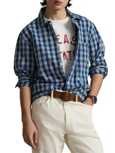 Polo Ralph Lauren Men's Plaid Cotton Overshirt - Indigo Cream | Thumbnail 3 Polo Ralph Lauren Men's Plaid Cotton Overshirt - Indigo Cream | Thumbnail 3