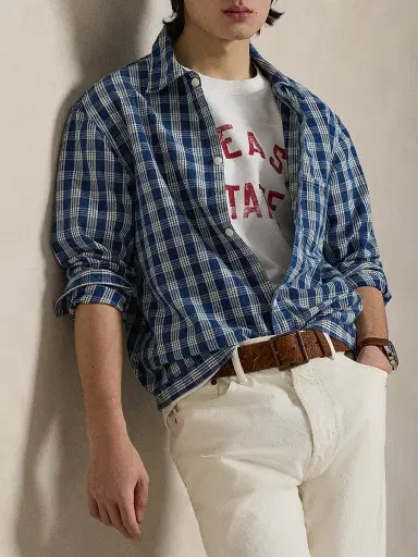 Polo Ralph Lauren Men's Plaid Cotton Overshirt - Indigo Cream | Thumbnail 6 Polo Ralph Lauren Men's Plaid Cotton Overshirt - Indigo Cream | Thumbnail 6