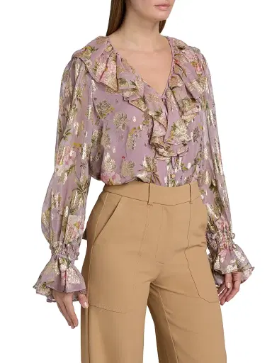 Kobi Halperin Women's Leia Metallic Floral Jacquard Ruffle Blouse | Thumbnail 4 Kobi Halperin Women's Leia Metallic Floral Jacquard Ruffle Blouse | Thumbnail 4
