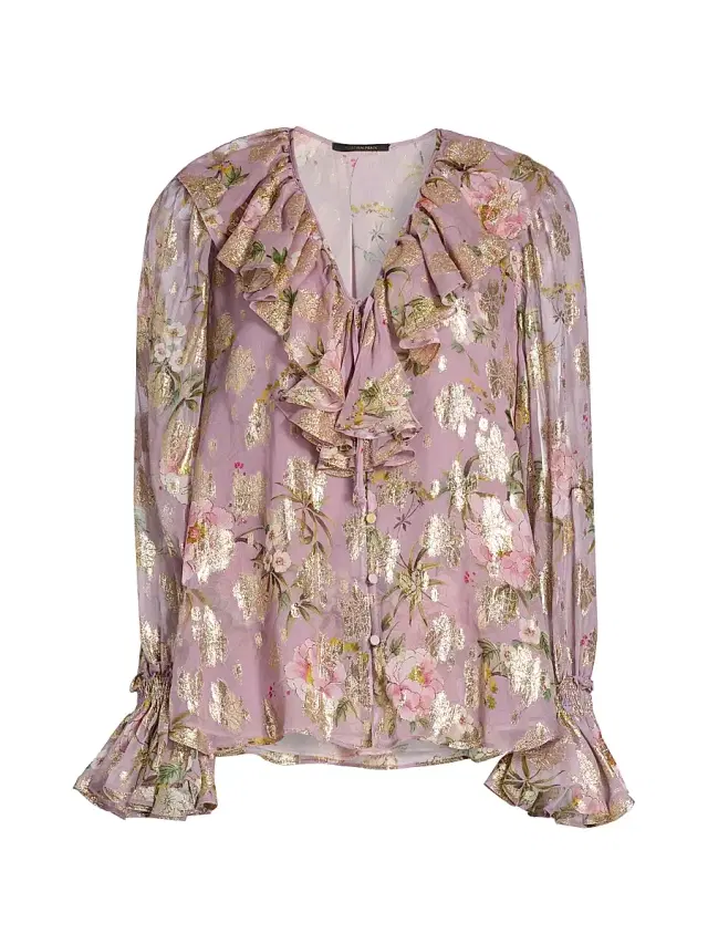 Women's Leia Metallic Floral Jacquard Ruffle Blouse - Rose Multi