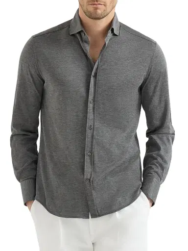 Brunello Cucinelli Men's Silk and Cotton Lightweight Jersey Shirt with Spead Collar - Dark Grey - Size XS | Thumbnail 2