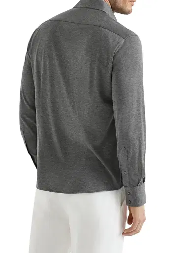 Brunello Cucinelli Men's Silk and Cotton Lightweight Jersey Shirt with Spead Collar - Dark Grey - Size XS | Thumbnail 3