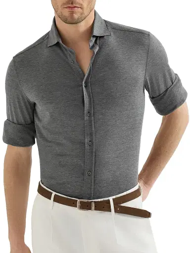 Brunello Cucinelli Men's Silk and Cotton Lightweight Jersey Shirt with Spead Collar - Dark Grey - Size XS | Thumbnail 5