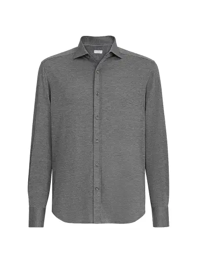 Brunello Cucinelli Men's Silk and Cotton Lightweight Jersey Shirt with Spead Collar - Dark Grey - Size XS | Thumbnail 1