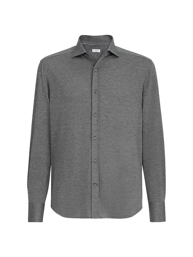 Men's Silk and Cotton Lightweight Jersey Shirt with Spead Collar - Dark Grey