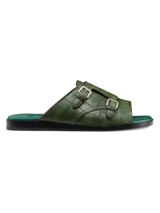 Men's Antique Crocodile Leather Monk Strap Sandals - Green