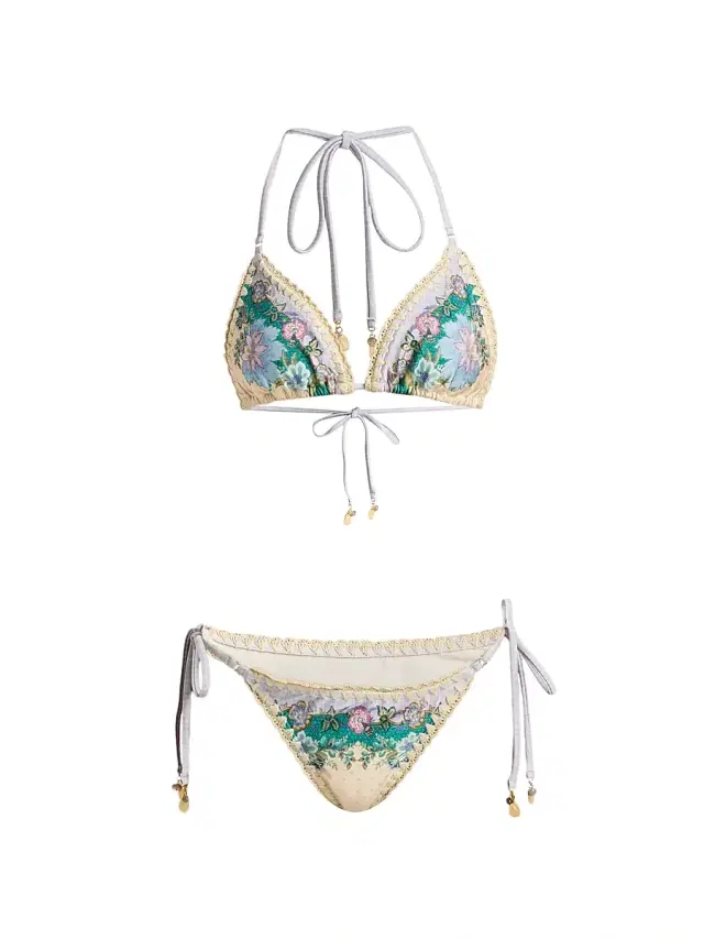 Women's Indra Crochet Detail Bikini - Cream Scarf Floral