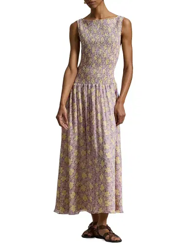 Polo Ralph Lauren Women's Katie Floral Smocked Midi-Dress - Soft Bloom Purple Yellow | Thumbnail 2