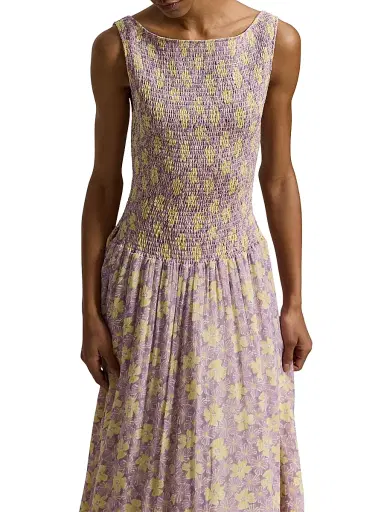 Polo Ralph Lauren Women's Katie Floral Smocked Midi-Dress - Soft Bloom Purple Yellow | Thumbnail 4