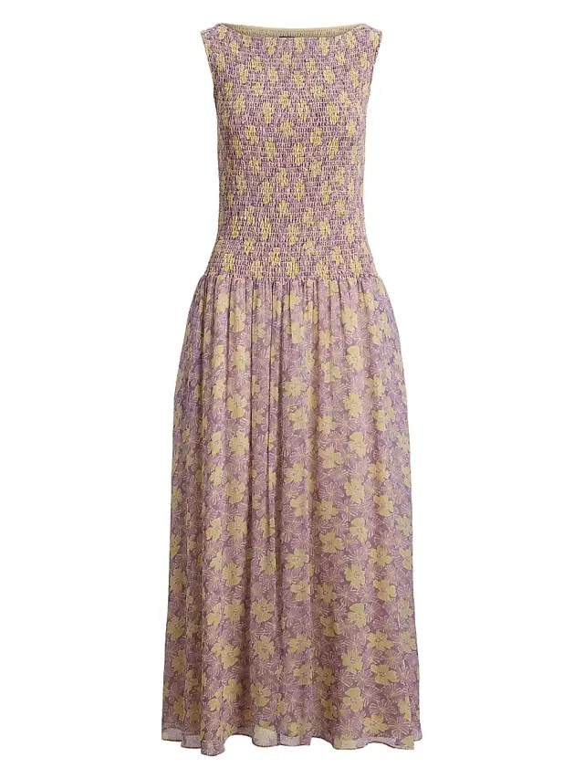 Polo Ralph Lauren Women's Katie Floral Smocked Midi-Dress - Soft Bloom Purple Yellow