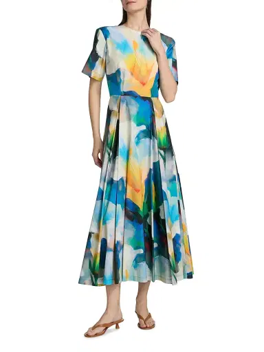 PRABAL GURUNG Women's Abstract Floral Pleated Cocktail Dress - Blue Multi - Size 6 | Thumbnail 3