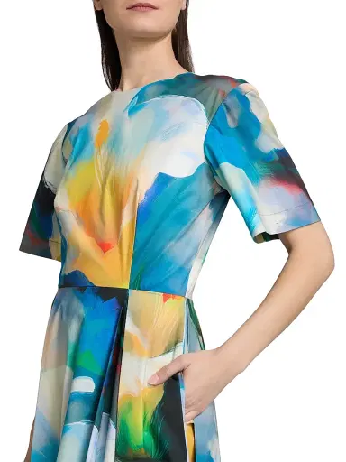 PRABAL GURUNG Women's Abstract Floral Pleated Cocktail Dress - Blue Multi - Size 6 | Thumbnail 6
