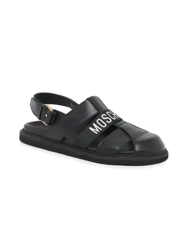 MOSCHINO Men's Logo Leather Buckle Sandals - Black - Size 13 | Thumbnail 2