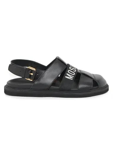 MOSCHINO Men's Logo Leather Buckle Sandals - Black - Size 13 | Thumbnail 1