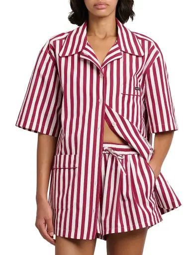 Dolce & Gabbana Women's Rigato Stripe Cotton-Silk Short-Sleeve Shirt - Rigato - Size 12 | Thumbnail 3