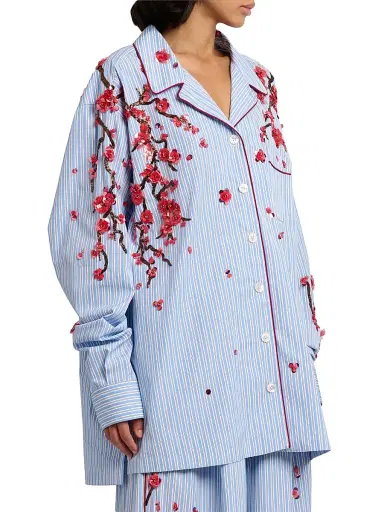 Dolce & Gabbana Women's Oversized Floral-Embellished Striped Cotton-Silk Shirt - Ricamati - Size 8 | Thumbnail 4 Dolce & Gabbana Women's Oversized Floral-Embellished Striped Cotton-Silk Shirt - Ricamati - Size 8 | Thumbnail 4