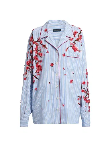 Dolce & Gabbana Women's Oversized Floral-Embellished Striped Cotton-Silk Shirt - Ricamati - Size 8 | Thumbnail 1 Dolce & Gabbana Women's Oversized Floral-Embellished Striped Cotton-Silk Shirt - Ricamati - Size 8 | Thumbnail 1