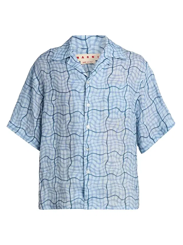 Men's Wavy Check Linen Button-Front Shirt - Light Blue