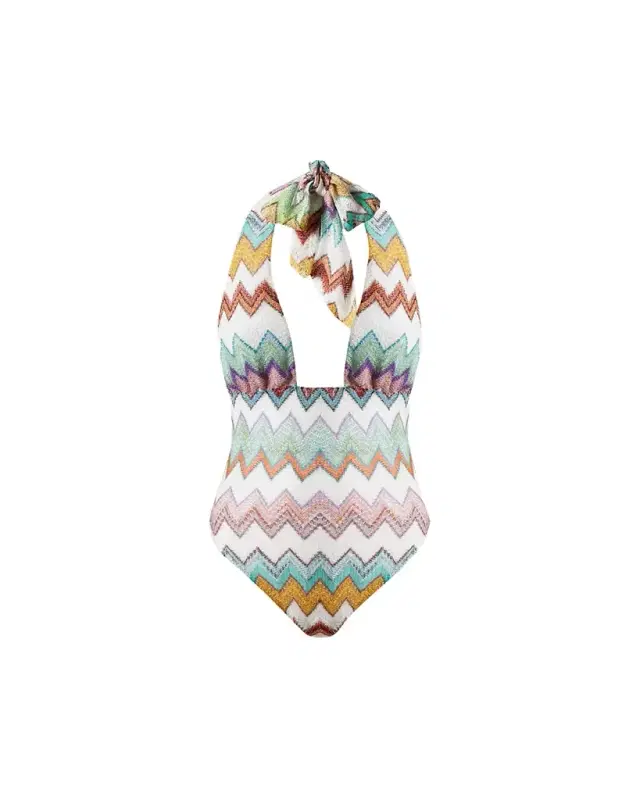 Zig Zag Crochet Halter One-Piece Swimsuit