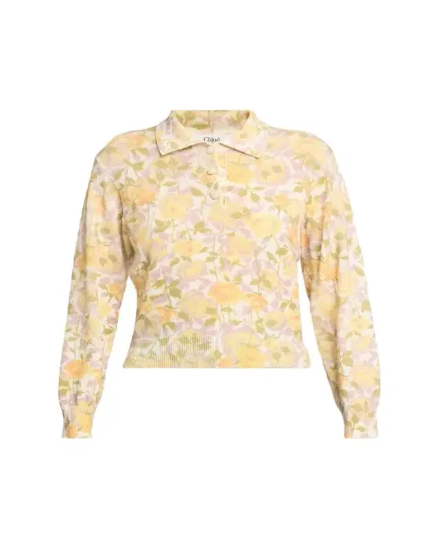 Floral-Print Wool Knit Polo Sweater
