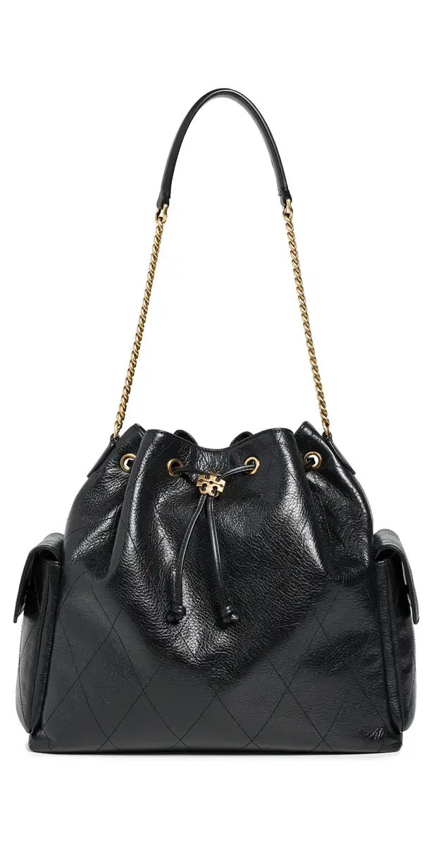Tory Burch Charlie Quilted Large Drawstring Shoulder Bag Black One Size