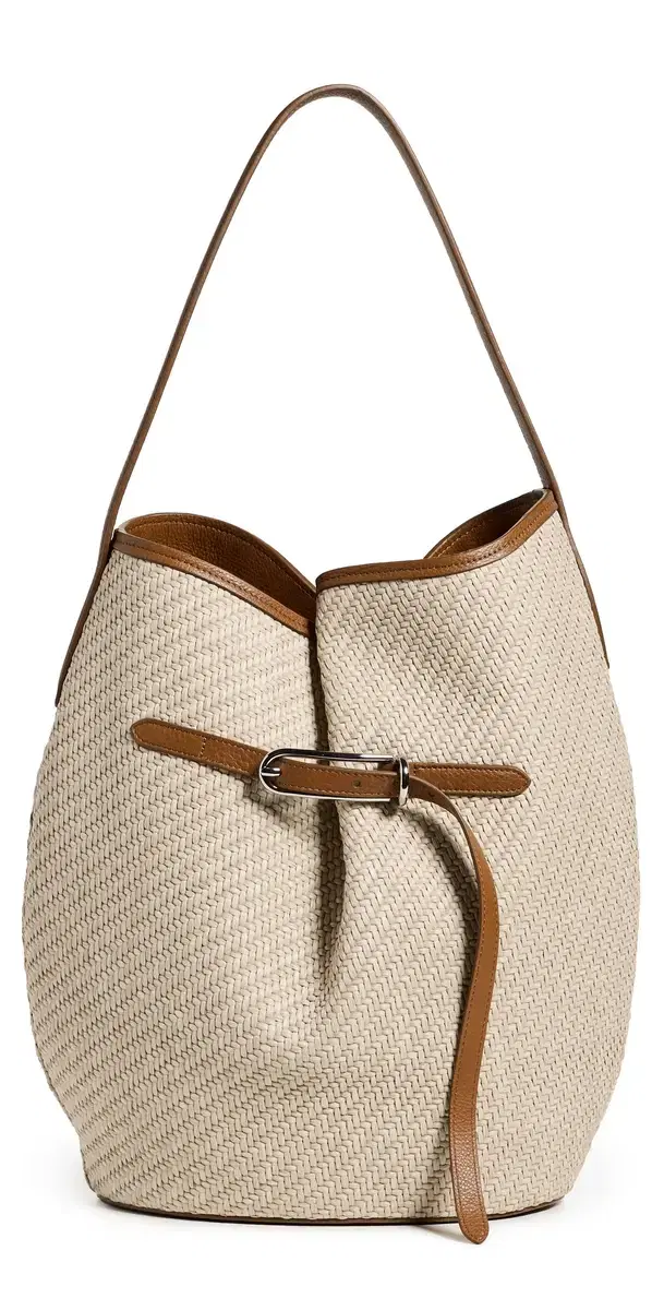 Belted Large Raffia Bucket Bag Beige Silver Hardware One Size