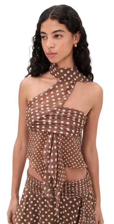 Guizio Crinkled Dot Chiffon Wrap Top Espresso M | Thumbnail 1