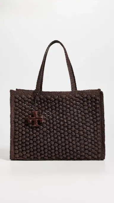 Tory Burch Ella Hand Crochet Popcorn Stitch Large Tote Bag Dark Cocoa One Size | Thumbnail 2