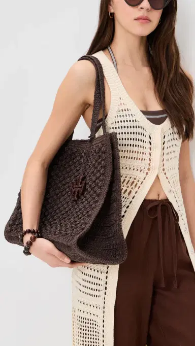 Tory Burch Ella Hand Crochet Popcorn Stitch Large Tote Bag Dark Cocoa One Size | Thumbnail 3