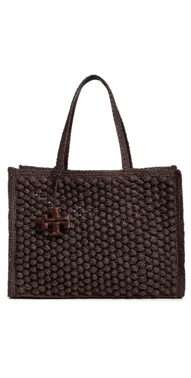 Tory Burch Ella Hand Crochet Popcorn Stitch Large Tote Bag Dark Cocoa One Size | Thumbnail 1