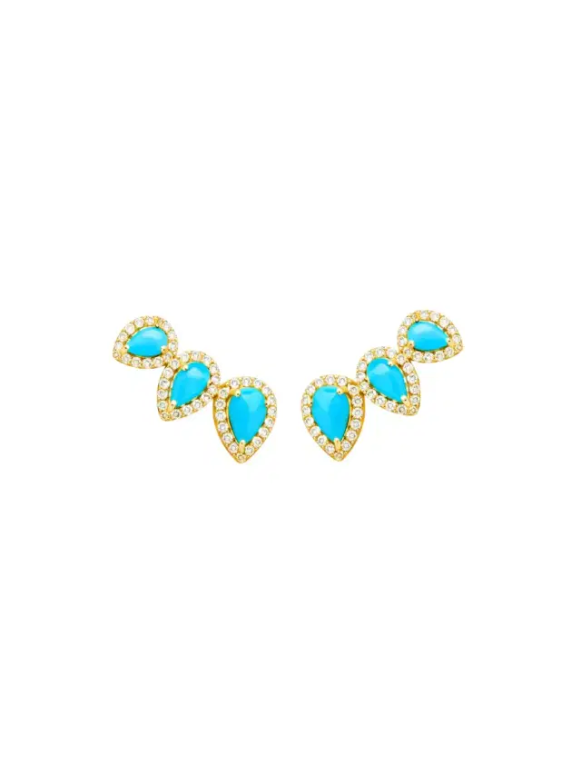 Wish Fine Jewelry 2.18ct Turquoise Diamond 18K Gold Climber Earrings