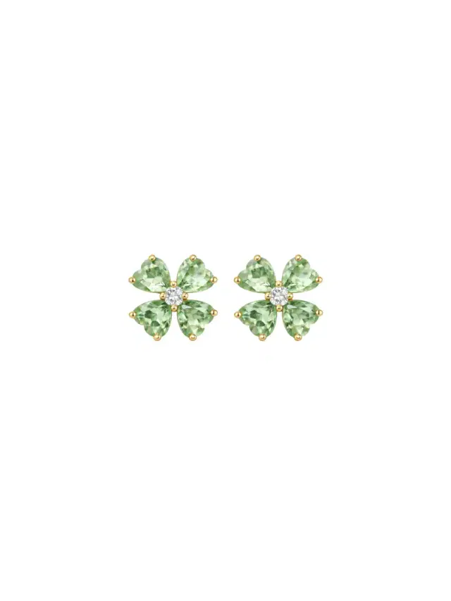 Wish Fine Jewelry 3.3ct Diamond Green Amethyst 18K Gold Heart Cut Clover Stud Earrings