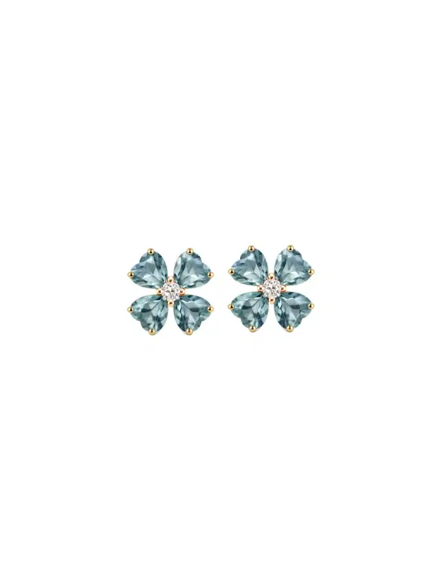Wish Fine Jewelry 5.18ct Diamond Blue Topaz 18K Gold Heart Cut Clover Stud Earrings