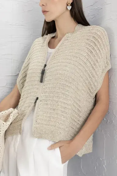 Brunello Cucinelli Bronze Zip Front Cardigan | Thumbnail 2