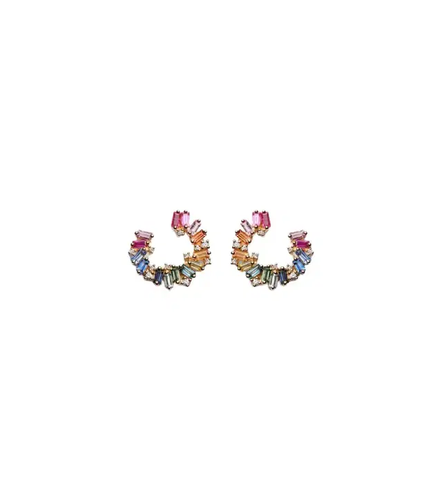 Rainbow 18kt gold hoop earrings with diamonds and sapphires