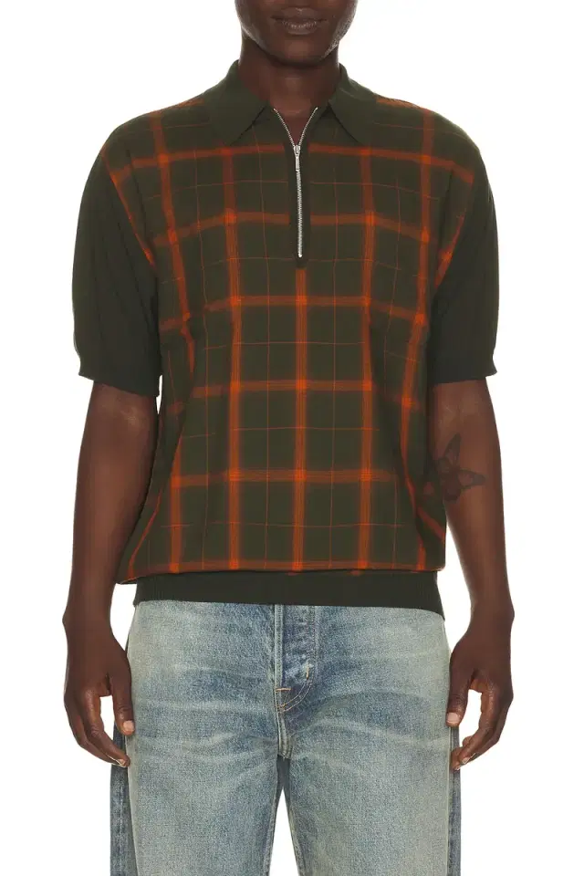 Beams Plus Half Zip Panel Polo Ombre Plaid
