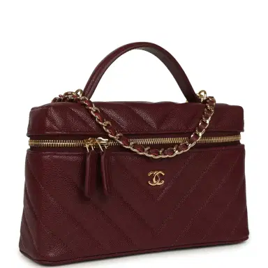 Chanel Chanel Chevron Top Handle Long Vanity Case with Chain Dark Burgundy Shiny Caviar Gold Hardware | Thumbnail 2