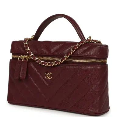 Chanel Chanel Chevron Top Handle Long Vanity Case with Chain Dark Burgundy Shiny Caviar Gold Hardware | Thumbnail 5
