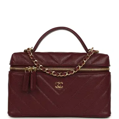 Chanel Chanel Chevron Top Handle Long Vanity Case with Chain Dark Burgundy Shiny Caviar Gold Hardware | Thumbnail 1