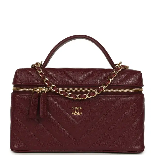 Chanel Chanel Chevron Top Handle Long Vanity Case with Chain Dark Burgundy Shiny Caviar Gold Hardware