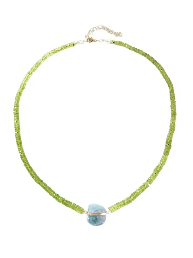 Aurora 14-karat Gold Peridot, Aquamarine Necklace