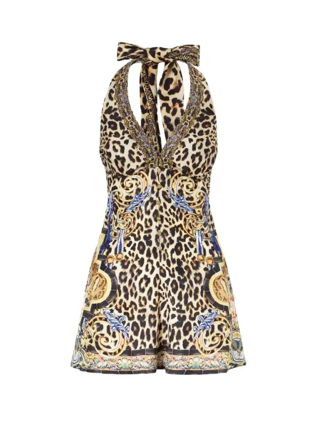 Camilla Embellished Printed Silk Halterneck Playsuit