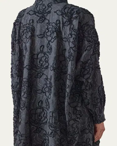Eskandar Wide A-Line Collarless Shirt With Slits (Very Long Length) | Thumbnail 5
