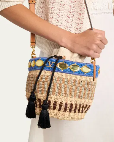 Valentino Garavani Small Viscose Raffia Beaded Bucket Bag | Thumbnail 2