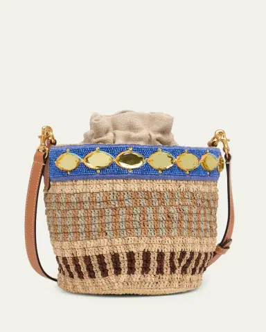 Valentino Garavani Small Viscose Raffia Beaded Bucket Bag | Thumbnail 3